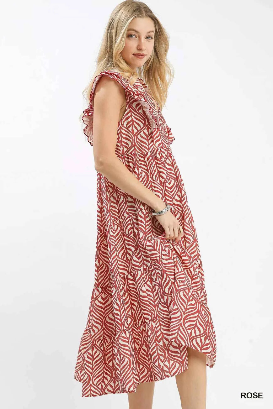 Umgee Leaf Print Tiered Midi Dress with Ruffle Detail