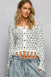POL Openwork Floral Crochet Cardigan with Tassel Hem