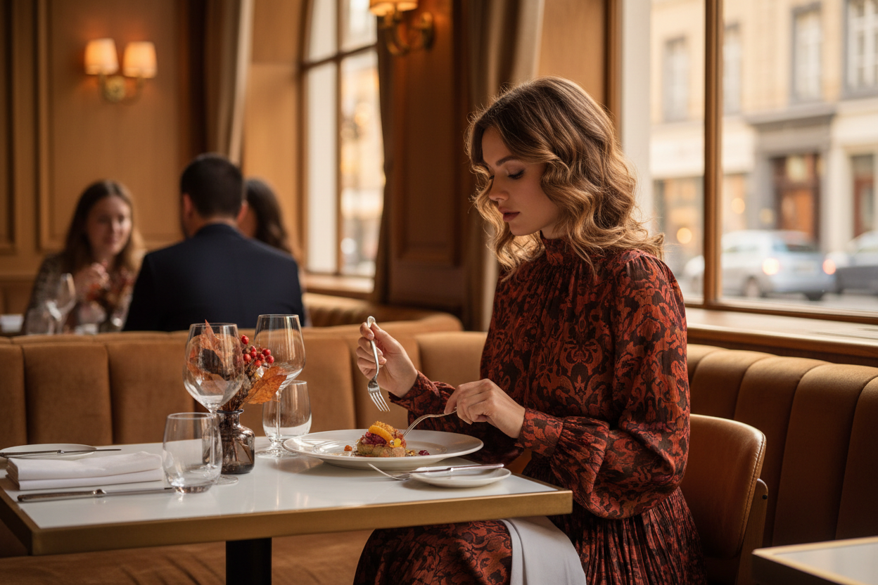 create me a photo for a boutique fashion website with a lady in a fall dress eating at a restaurant size 1024 × 1024