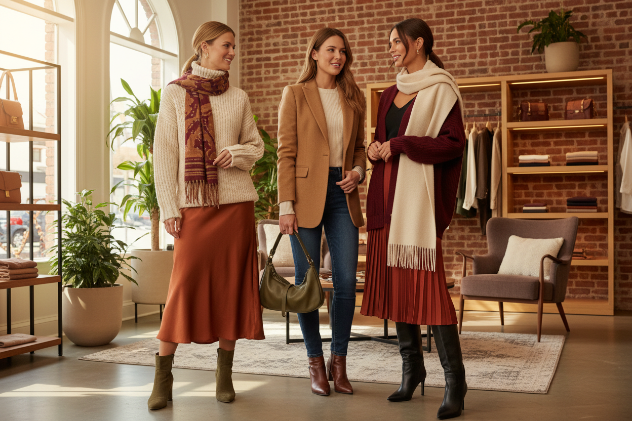 create me an image for a boutique fashion website showing ladies where fall style clothing.