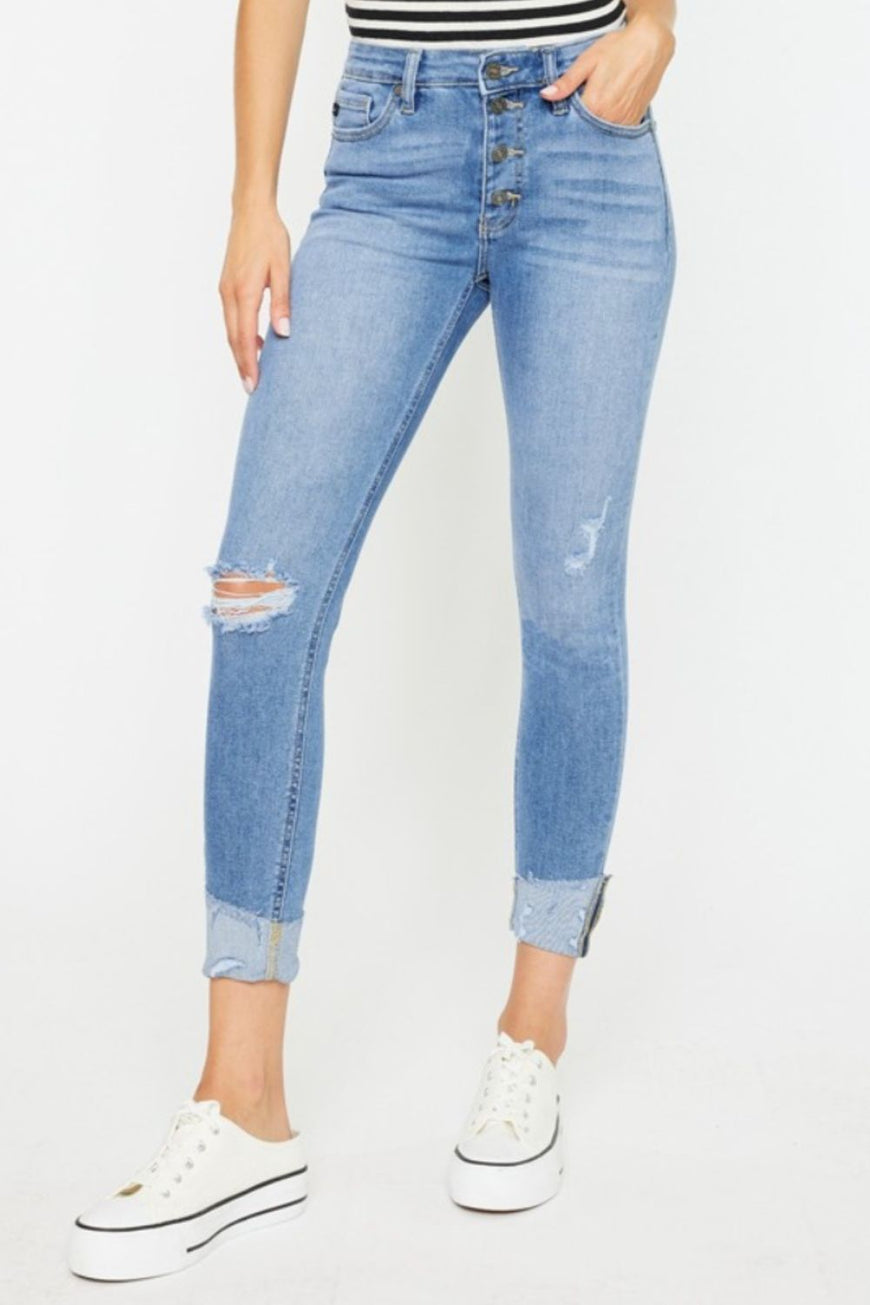 Kancan Distressed Cat's Whiskers Button Fly Jeans - TopFashionHQ