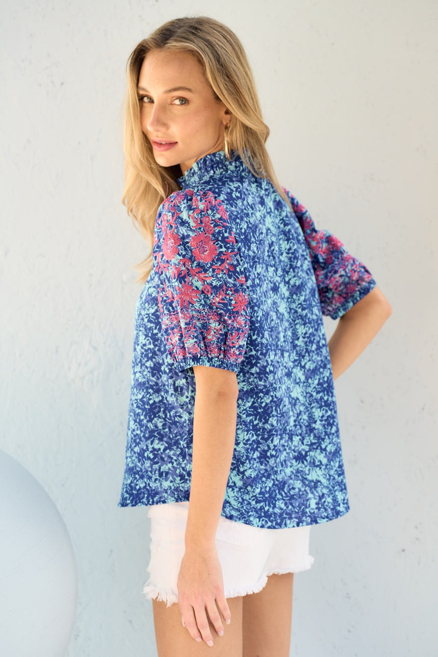 Hailey & Co Embroidered Puff Sleeve Printed Blouse - TopFashionHQ