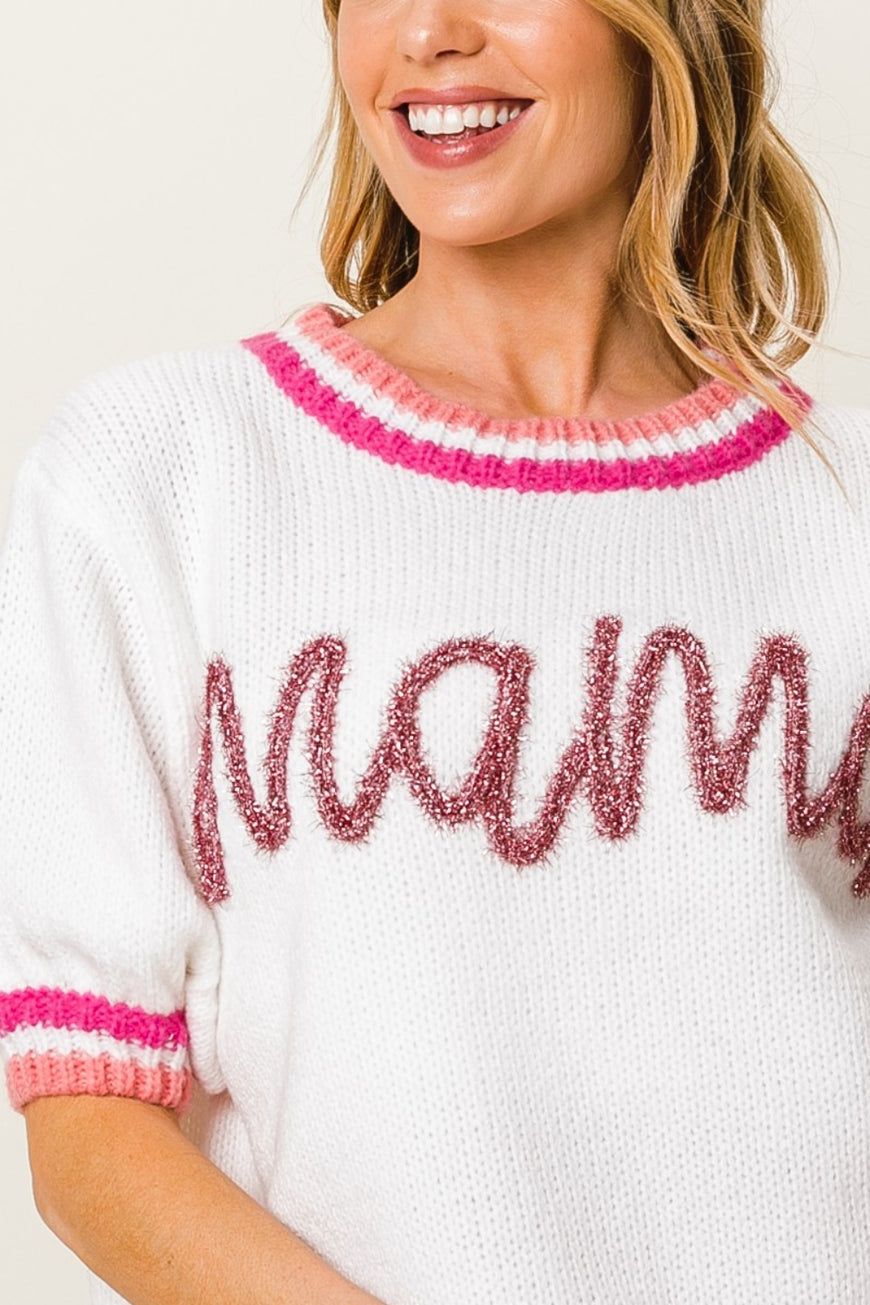 BiBi MAMA Contrast Trim Short Sleeve Sweater - TopFashionHQ