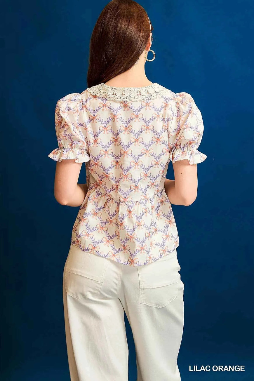 Umgee Lace Detail Bow Print Flounce Sleeve Blouse