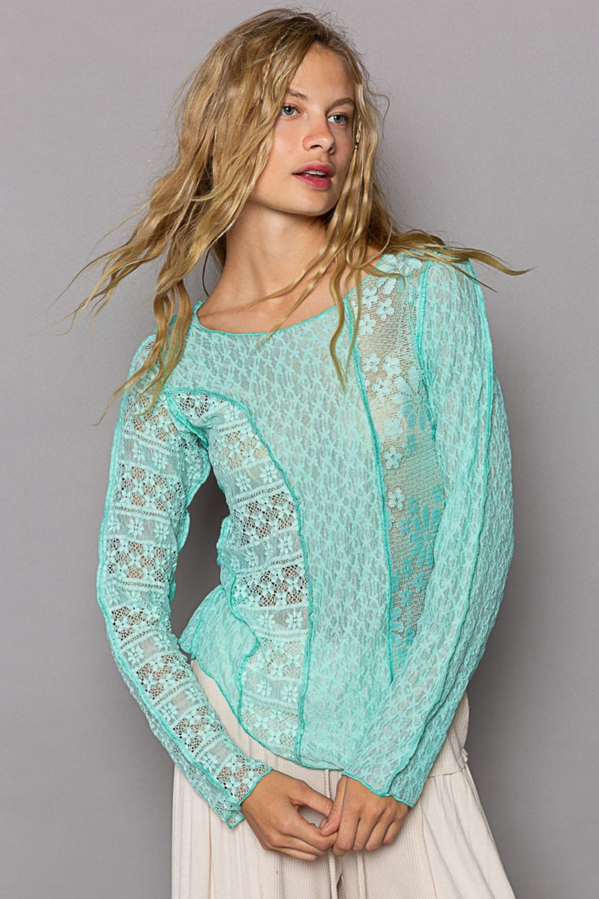 POL Exposed Seam Long Sleeve Lace Knit Top - TopFashionHQ