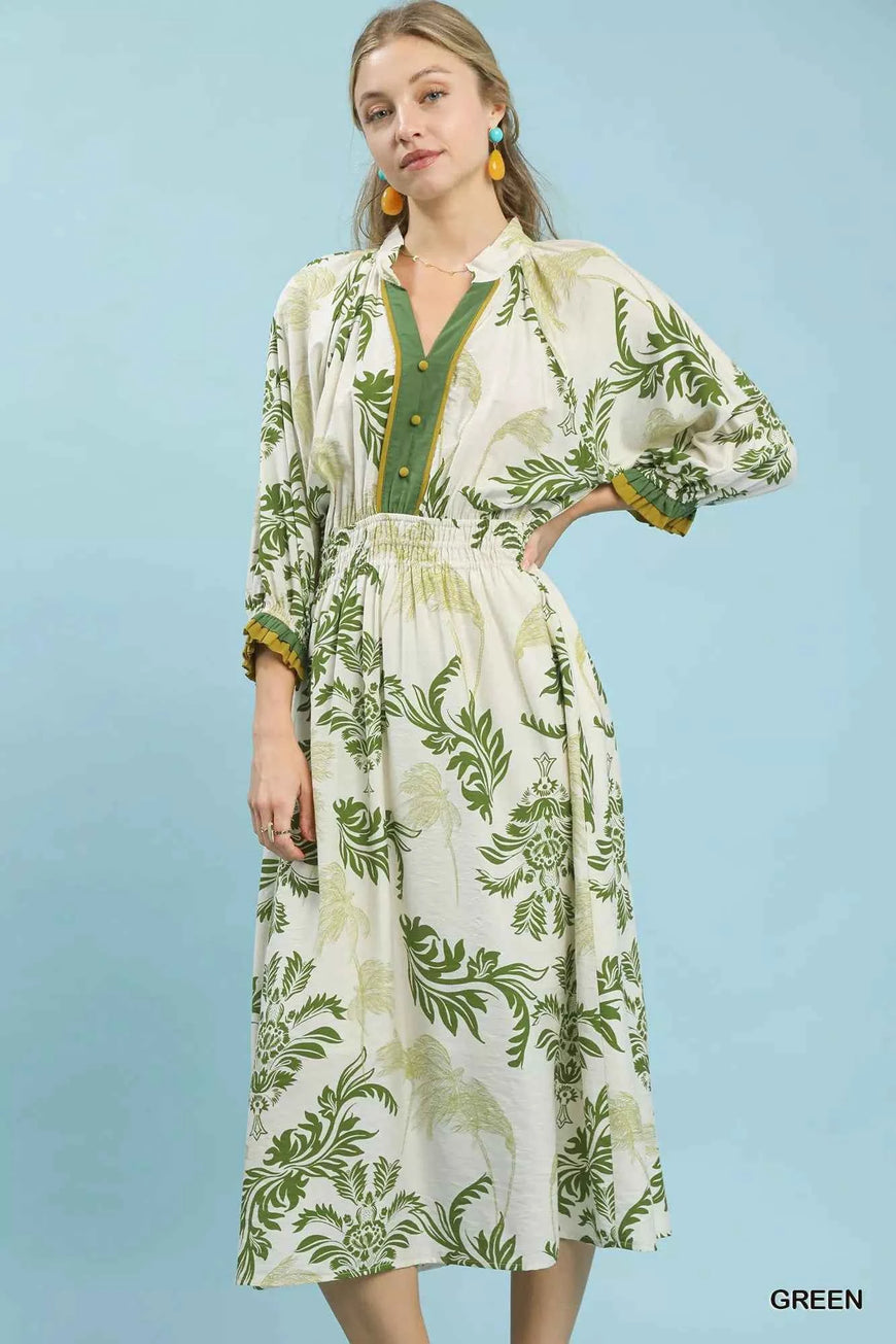 Umgee Tropical Print Button Detail Midi Dress