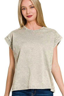 Zenana Crinkle Washed Round Neck Folded Short Sleeve Tee