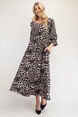 Celeste Full Size Leopard Round Neck Flounce Sleeve Dress