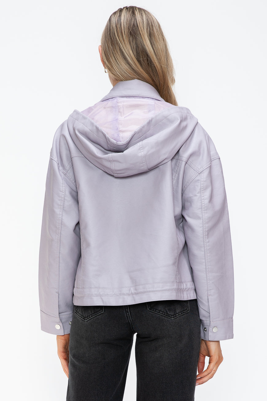 How Dare U Drawstring Hem PU Leather Zip Up Jacket - TopFashionHQ