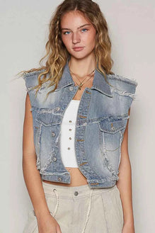 POL Assymetrical Front Closure Raw Hem Denim Vest