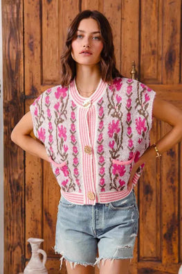 SO ME Button Front Floral and Stripe Knitted Sweater Vest