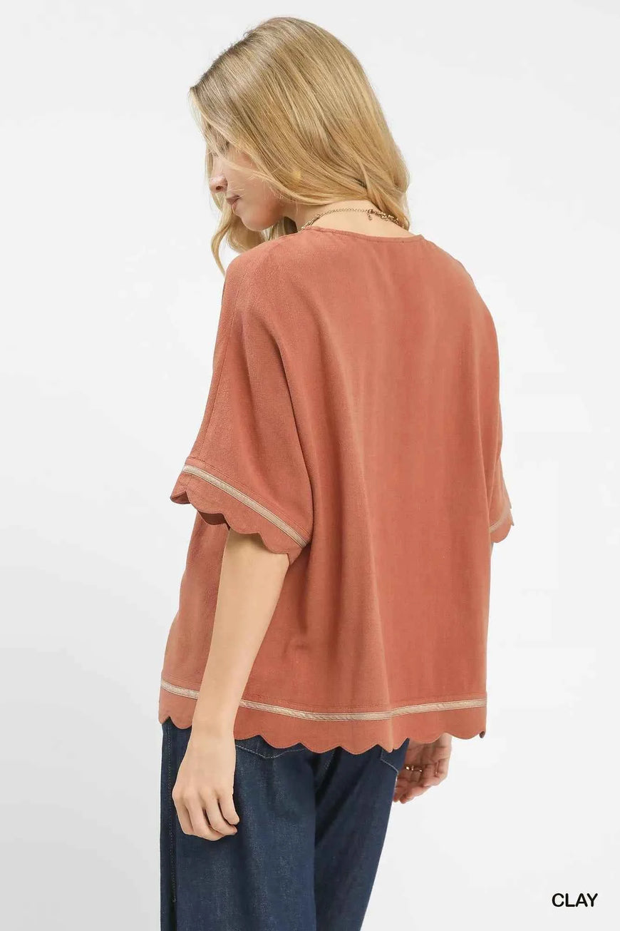Umgee Linen Blend Scallop Trim Top