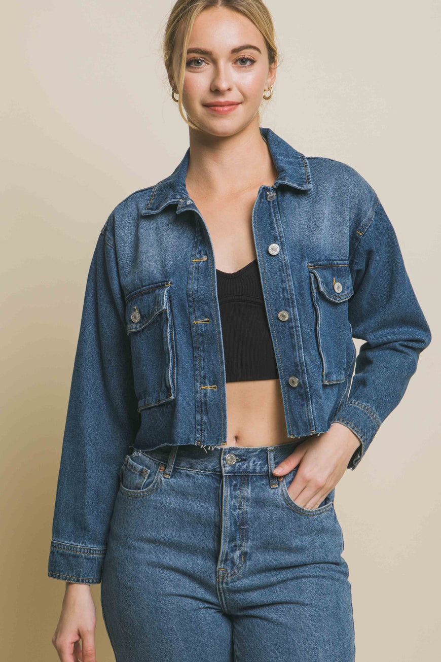 Love Tree Raw Hem Button Up Cropped Denim Jacket - TopFashionHQ