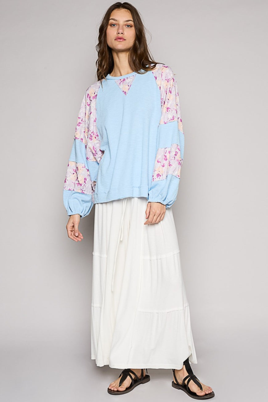 POL Round Neck Balloon Floral Long Sleeve Top - TopFashionHQ