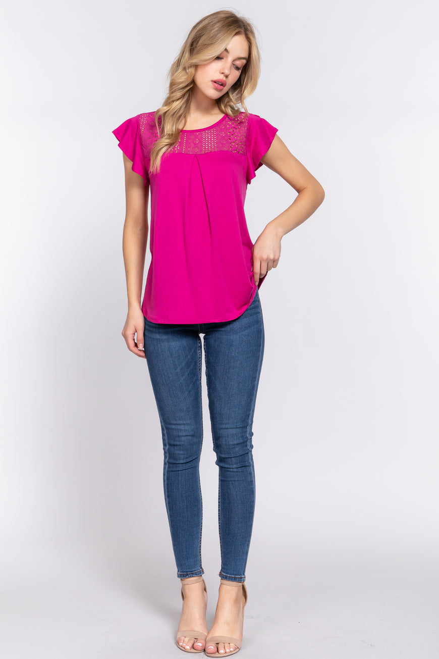 ACTIVE BASIC Ruffle Short Sleeve Lace Detail Knit Top - TopFashionHQ