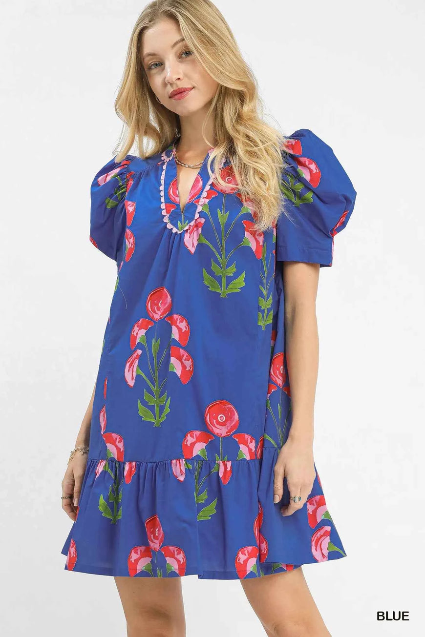 Umgee Floral Print Puff Sleeve Mini Dress with Scallop Trim