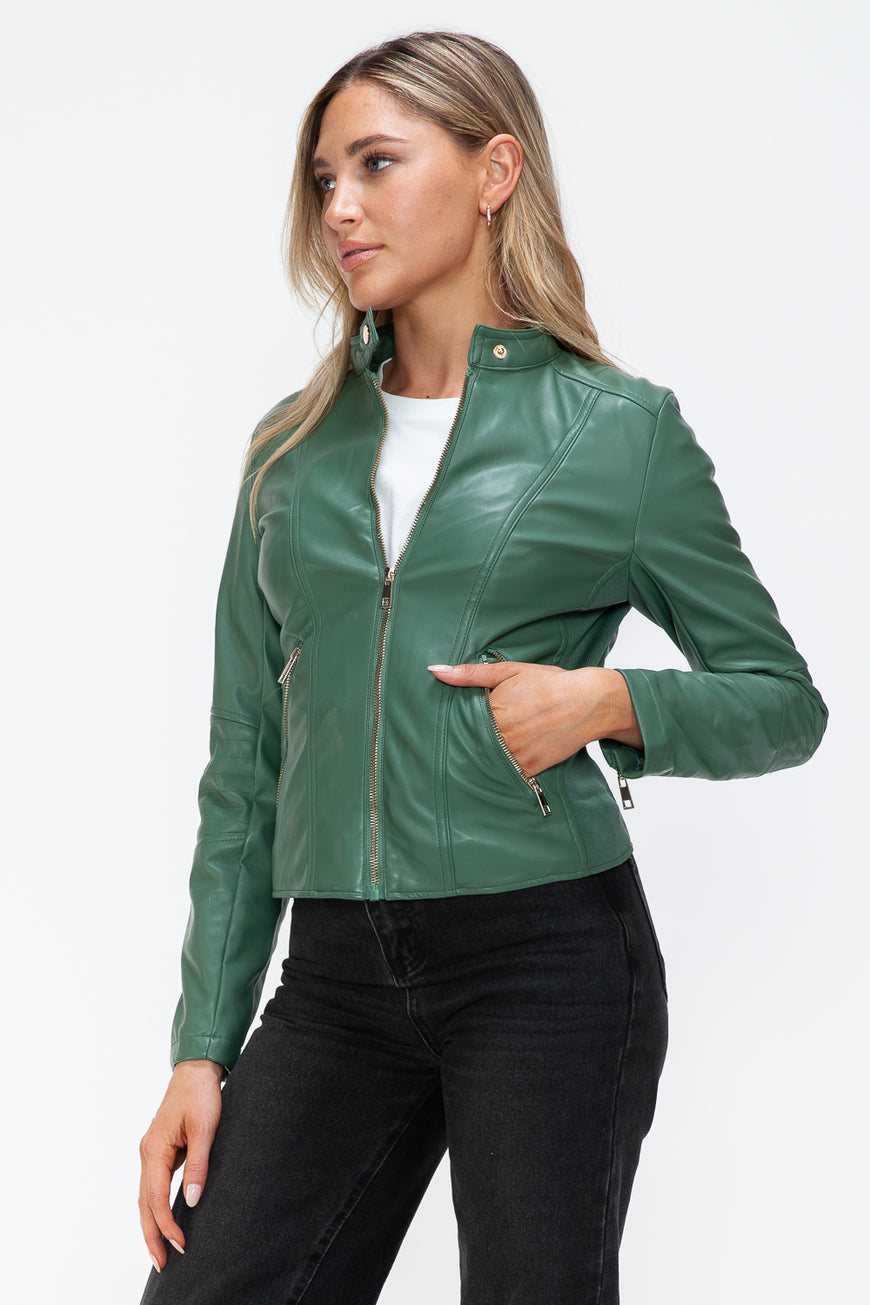 Snobbish Faux Leather Zip Up Drawstring Hooded Jacket - TopFashionHQ