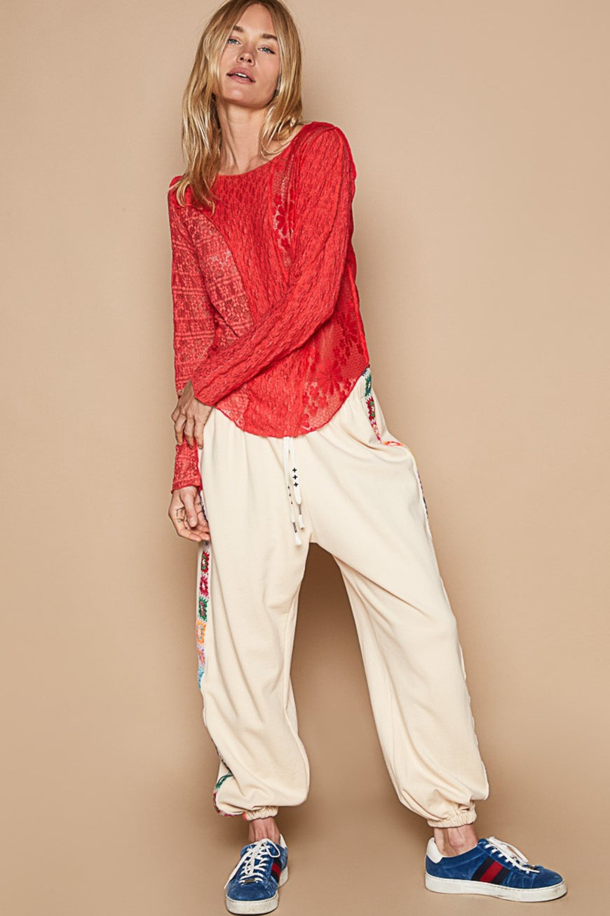 POL Exposed Seam Long Sleeve Lace Knit Top - TopFashionHQ