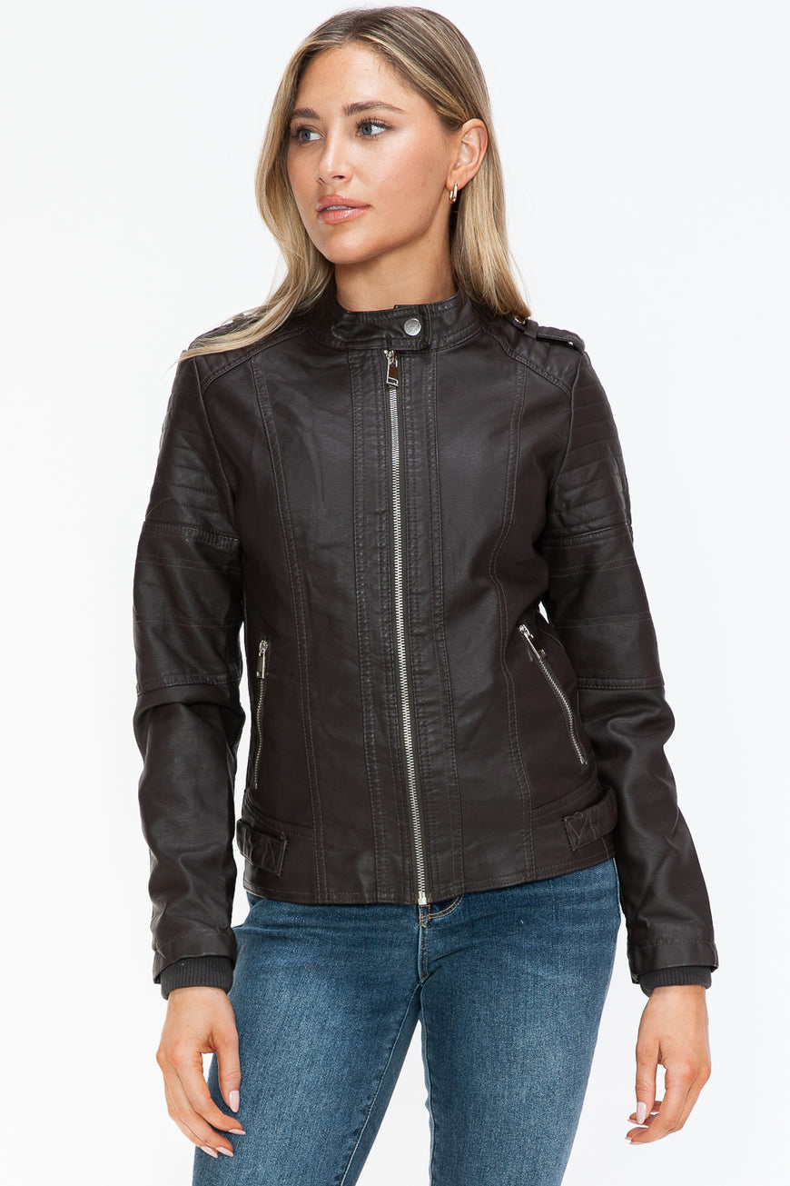 Snobbish PU Leather Biker Jacket with Side Zip Pockets - TopFashionHQ