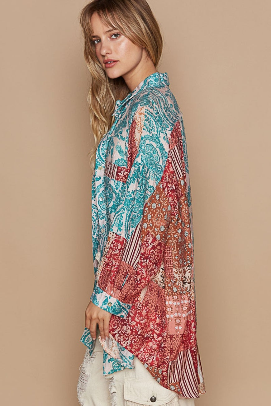 POL Long Sleeve Printed Button Down Shirt - TopFashionHQ