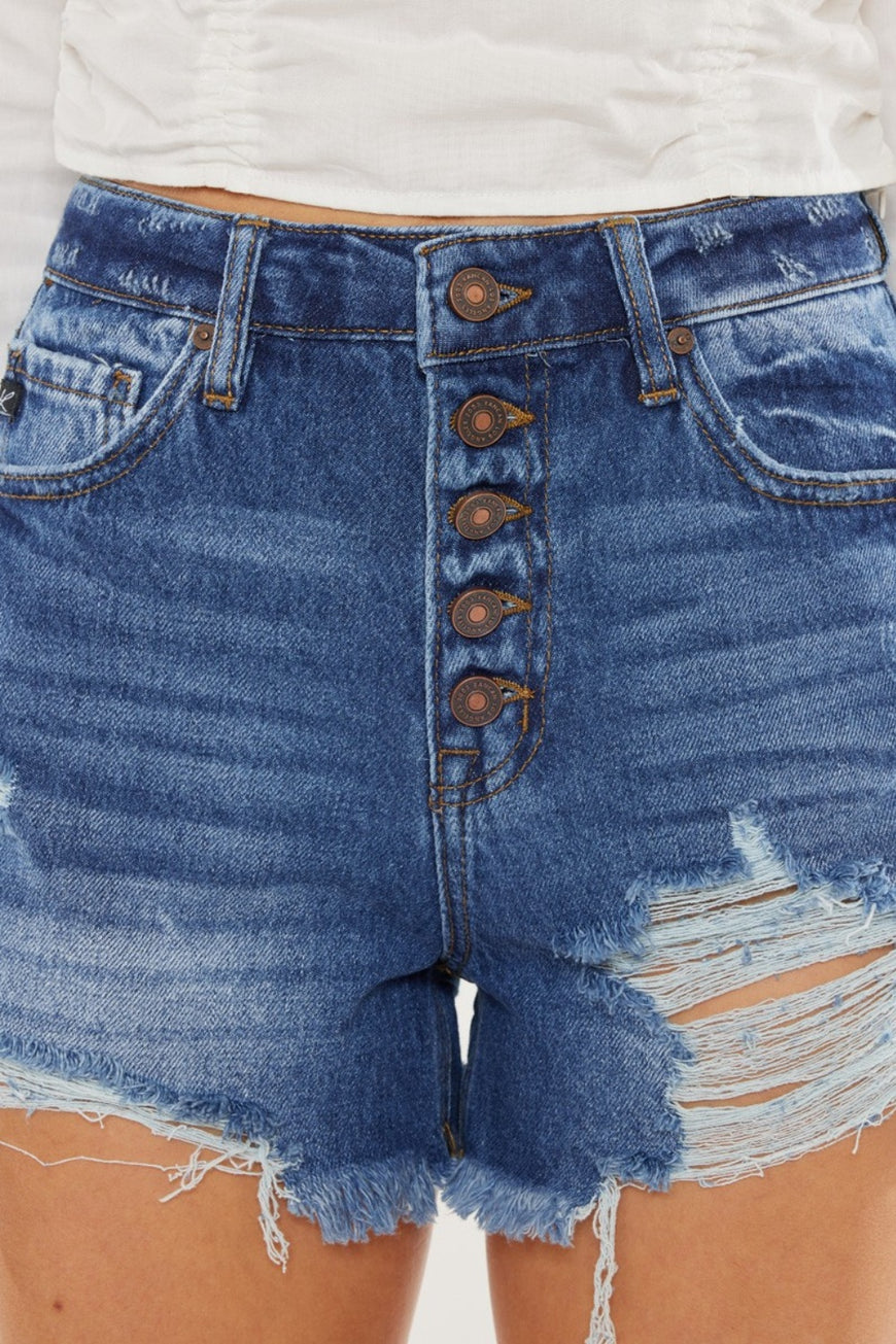 Kancan Distressed Button-Fly High Waist Denim Shorts - TopFashionHQ