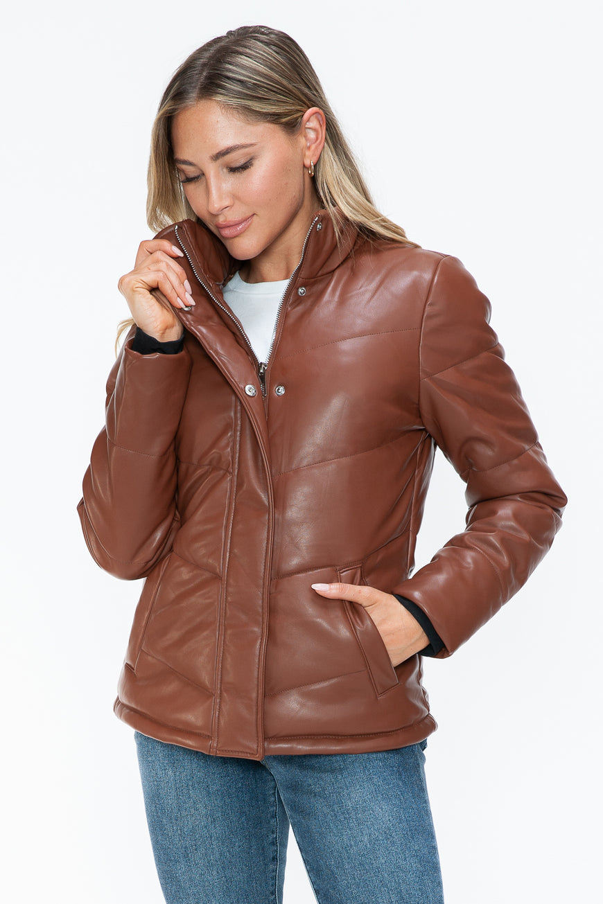 Snobbish Pocketed Zip Up Turtleneck Puffer Jacket - TopFashionHQ