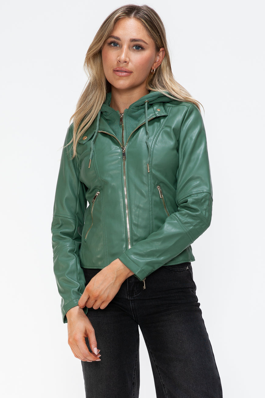 Snobbish Faux Leather Zip Up Drawstring Hooded Jacket - TopFashionHQ