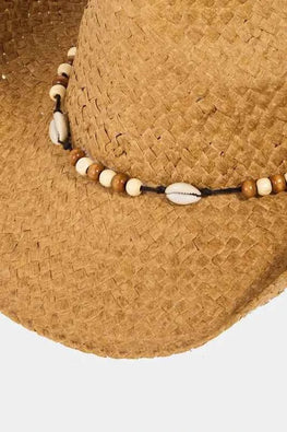 Fame Beaded Cowrie Shell Straw Weave Western Cowboy Hat