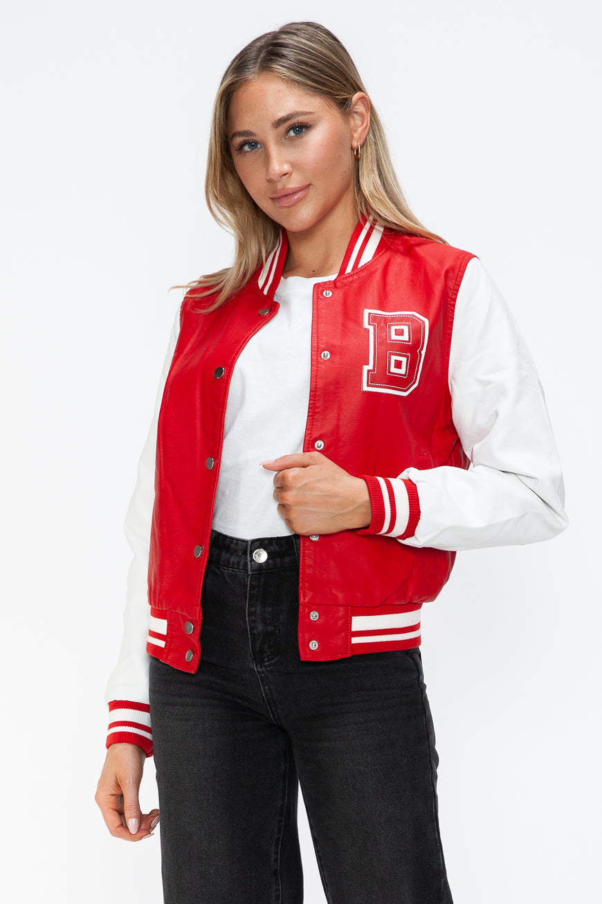 Love Me Now PU Leather Contrast Snap Down Bomber Jacket - TopFashionHQ