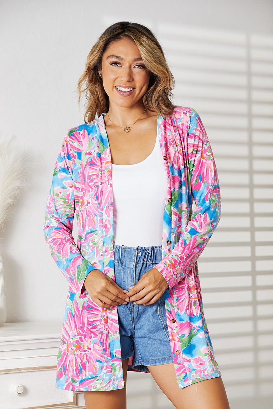 Double Take Floral Open Front Long Sleeve Cardigan - TopFashionHQ