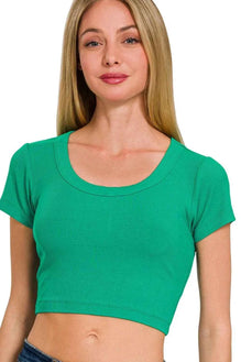 Zenana Ribbed Scoop Neck Crop Short Sleeve Top