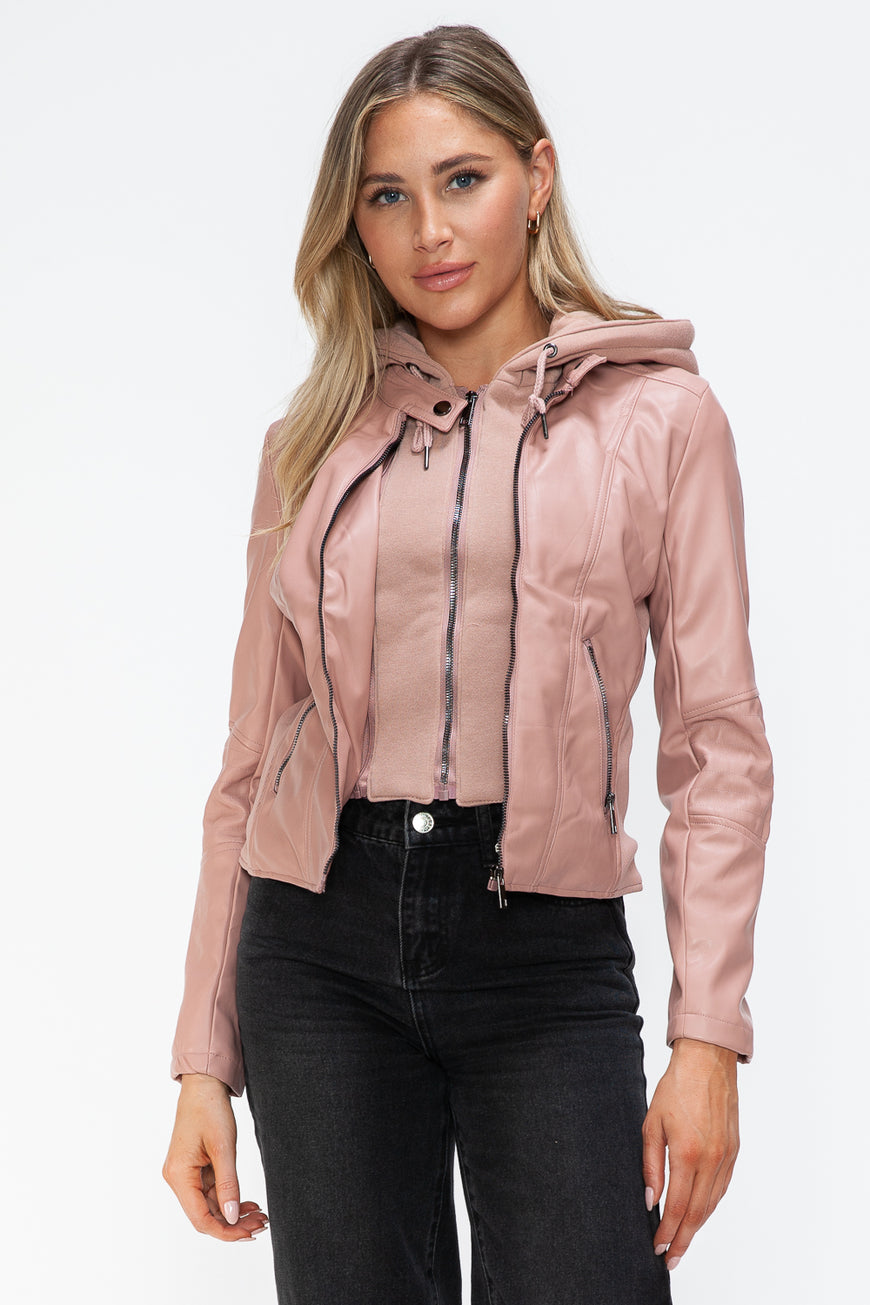 Snobbish Faux Leather Zip Up Drawstring Hooded Jacket - TopFashionHQ