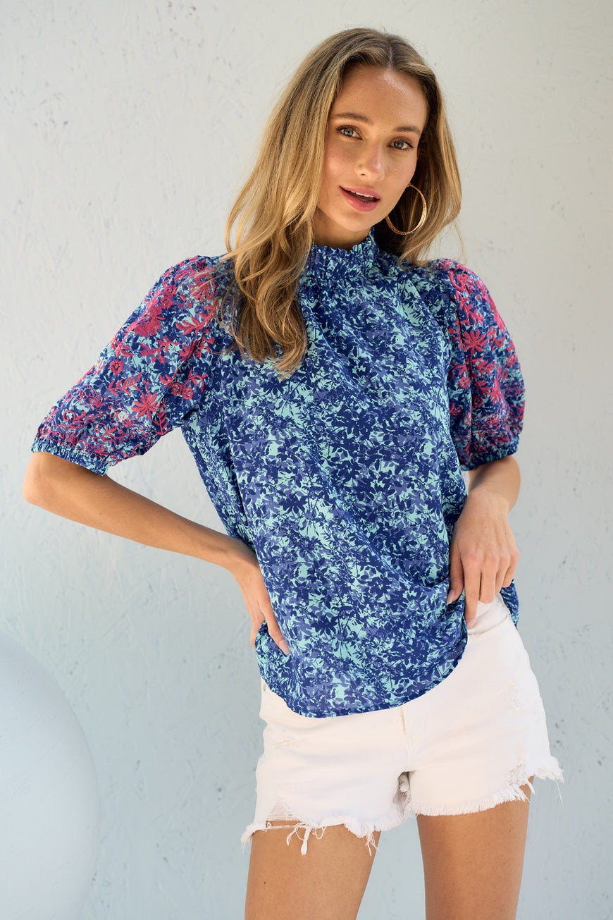 Hailey & Co Embroidered Puff Sleeve Printed Blouse - TopFashionHQ