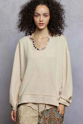 POL Balloon Sleeve Oversized Ribbed Top with Floral Pattern Contrast