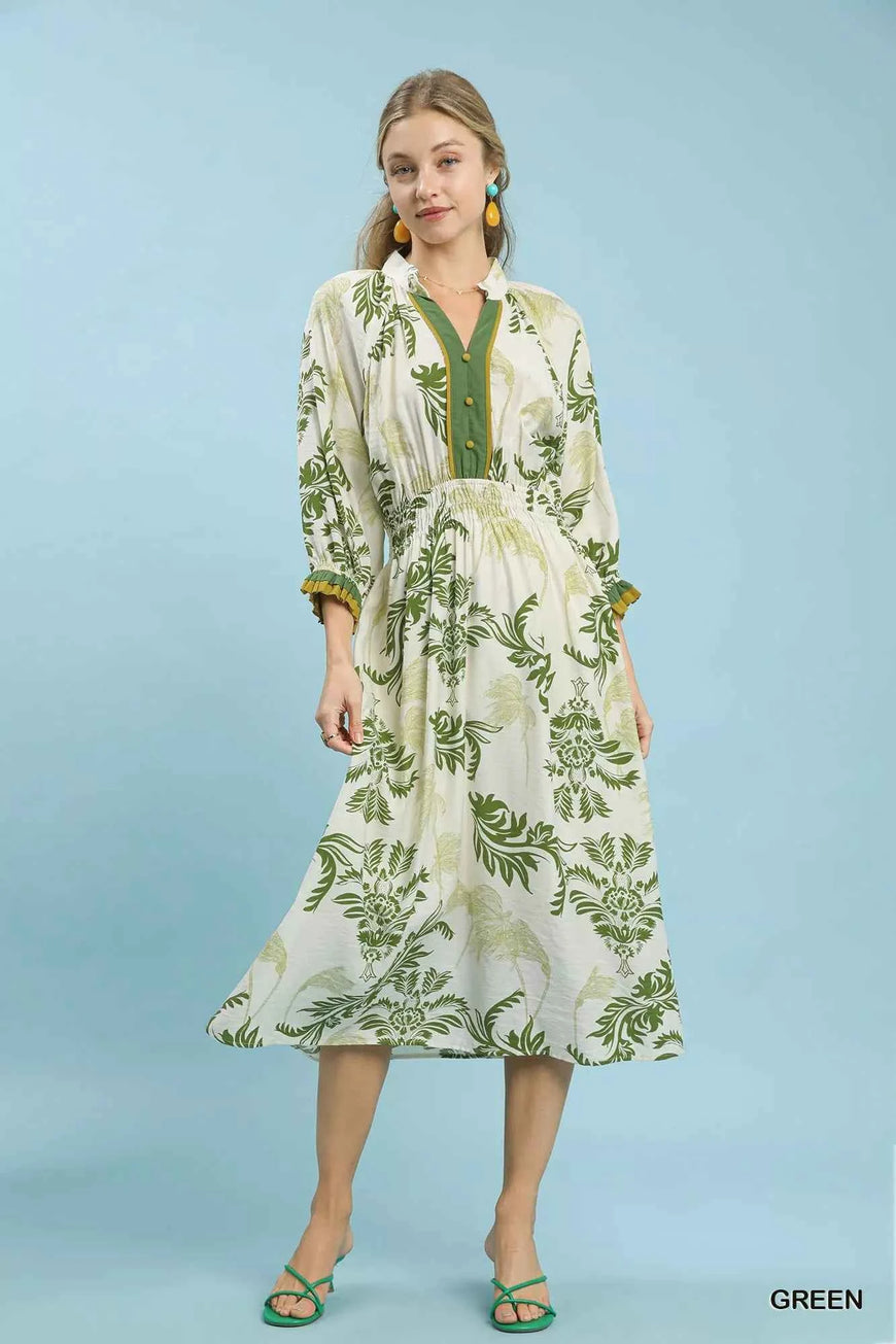Umgee Tropical Print Button Detail Midi Dress