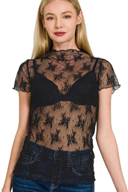 Zenana Lace See-through Layering Short Sleeve Top