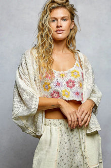 POL Open Front Crochet Cardigan with Floral Embroidery