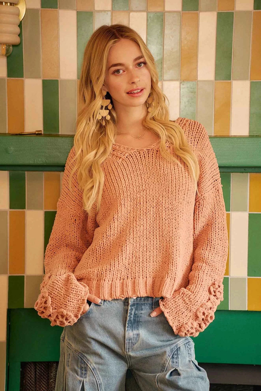BiBi Chunky Knit Sweater with Flower Detail Sleeves