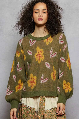 POL Floral Pattern Round Neck Balloon Sleeve Sweater