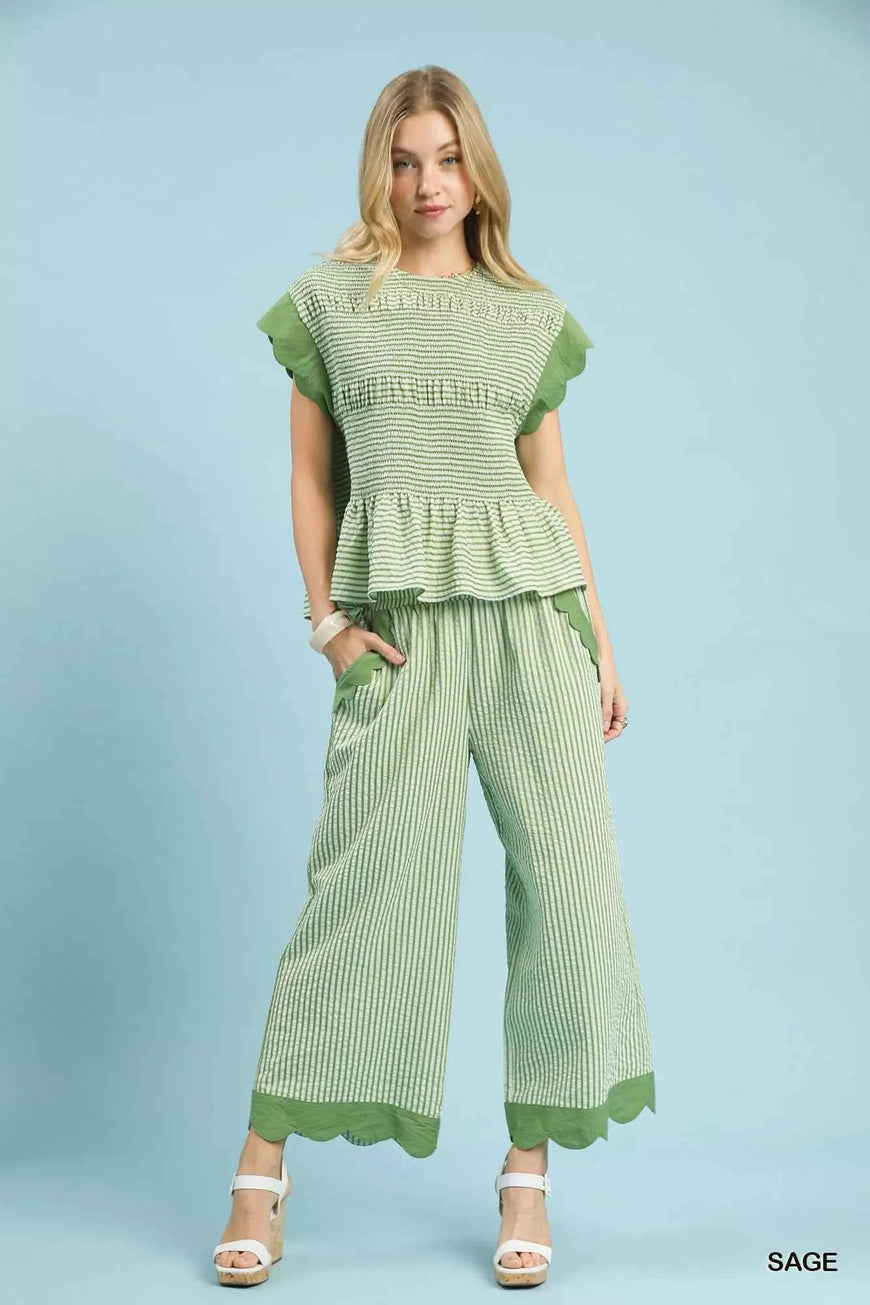 Umgee Stripe Scallop Hem Wide Leg Pants