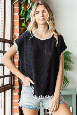 First Love Full Size Contrast Wavy Crochet Drop Shoulder Knit Top - TopFashionHQ
