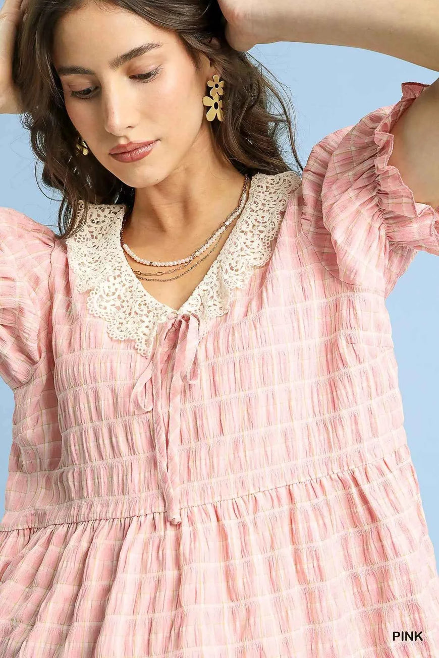 Umgee Short Sleeve Gingham Lace Peplum Blouse
