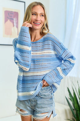 First Love Striped Long Sleeve Openwork Knit Top - TopFashionHQ