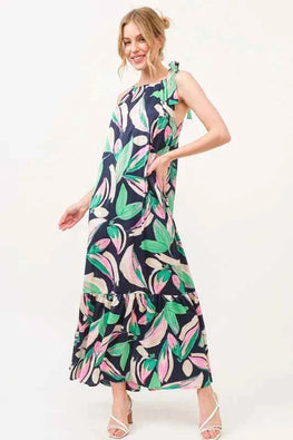 And The Why Botanical Printed Halterneck Tiered Maxi Dress