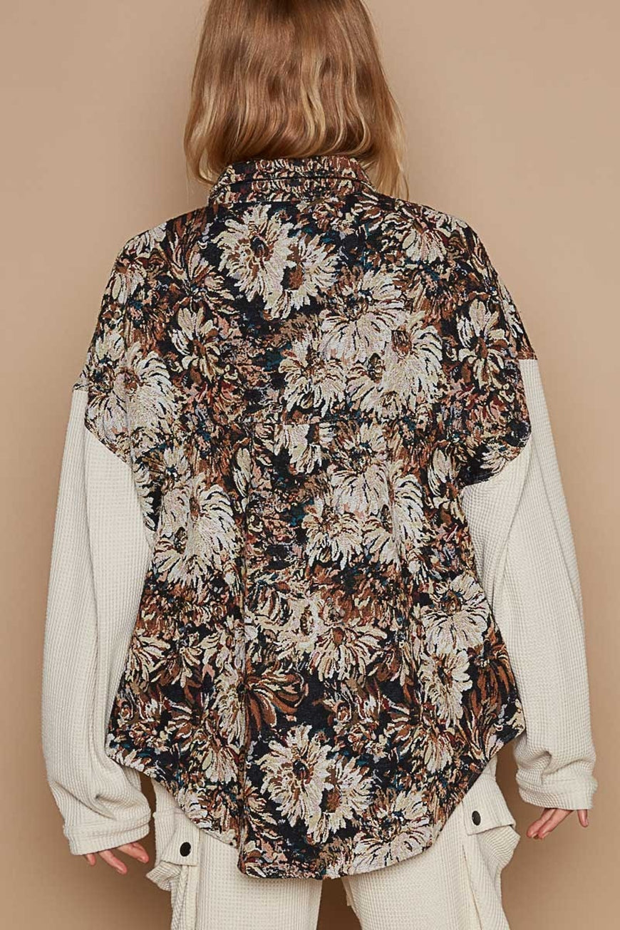 POL Contrast Sleeves Button Down Floral Jacquard Shirt - TopFashionHQ