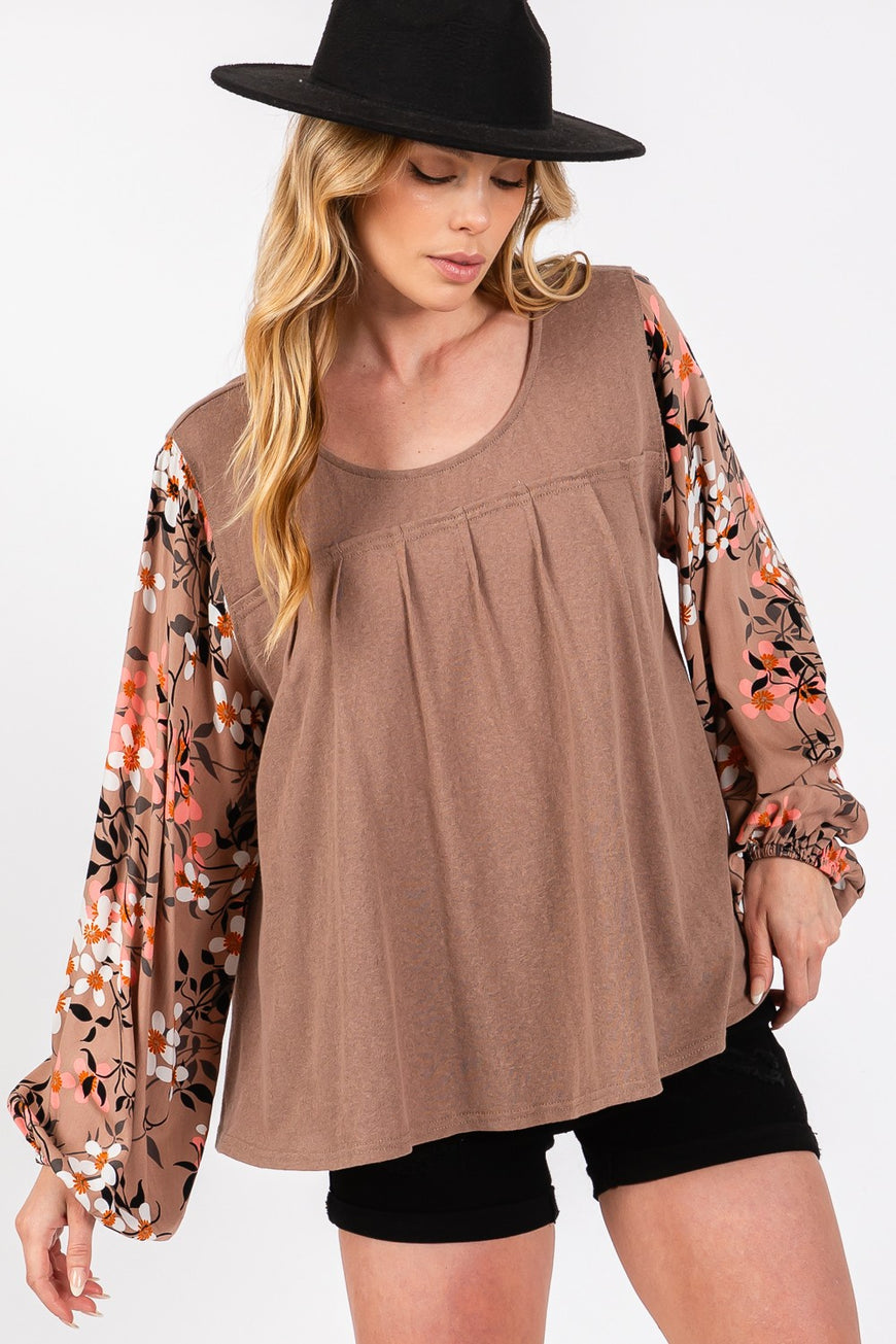 SAGE + FIG Floral Long Sleeve Front Pleated Detail Blouse - TopFashionHQ
