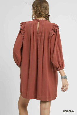 Umgee Linen Ruffle Shoulder Pleated Babydoll Dress