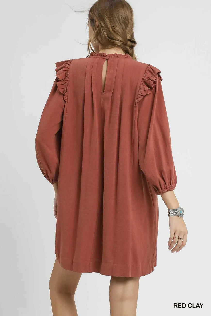 Umgee Linen Ruffle Shoulder Pleated Babydoll Dress
