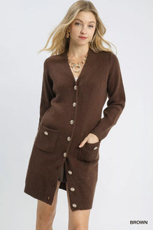 Umgee Button-Down Longline Sweater Cardigan with Front Pockets