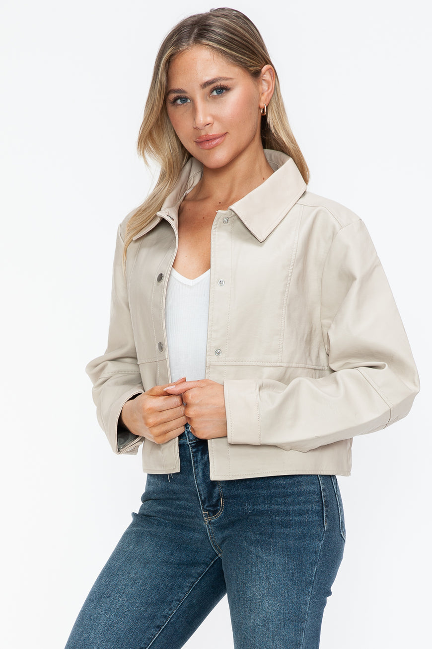 Snobbish Snap Down Long Sleeve PU Leather Jacket - TopFashionHQ